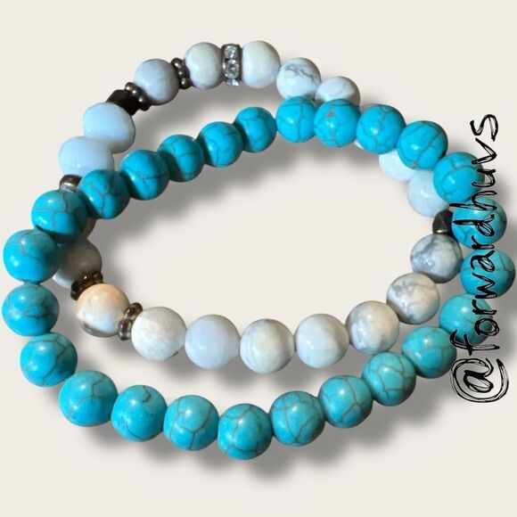 Bundle Sale 3 for $15 | Two Faux Turquoise Stretch Bracelets – Blue & White Buff - Picture 3 of 7